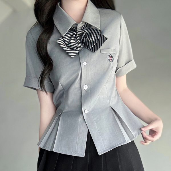 Green Folded Edge Short Sleeve Shirt for Women - Pudding Bear Original JK Uniform College Style, Summer Waist-Defined Design