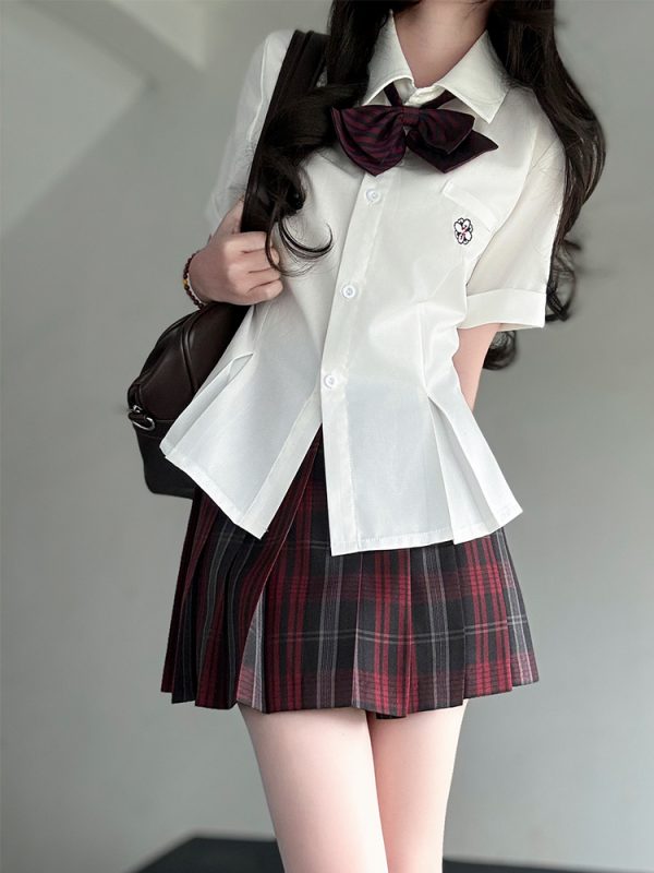 Green Folded Edge Short Sleeve Shirt for Women - Pudding Bear Original JK Uniform College Style, Summer Waist-Defined Design