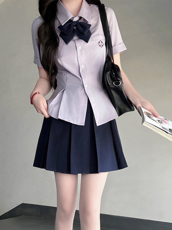 Green Folded Edge Short Sleeve Shirt for Women - Pudding Bear Original JK Uniform College Style, Summer Waist-Defined Design