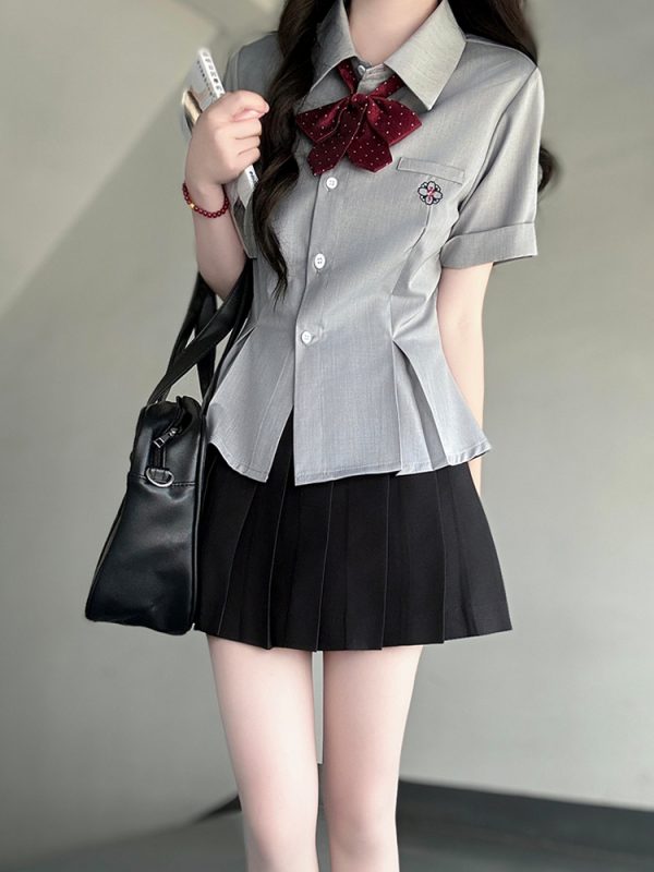 Green Folded Edge Short Sleeve Shirt for Women - Pudding Bear Original JK Uniform College Style, Summer Waist-Defined Design
