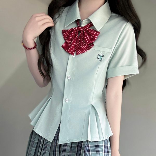 Green Folded Edge Short Sleeve Shirt for Women - Pudding Bear Original JK Uniform College Style, Summer Waist-Defined Design