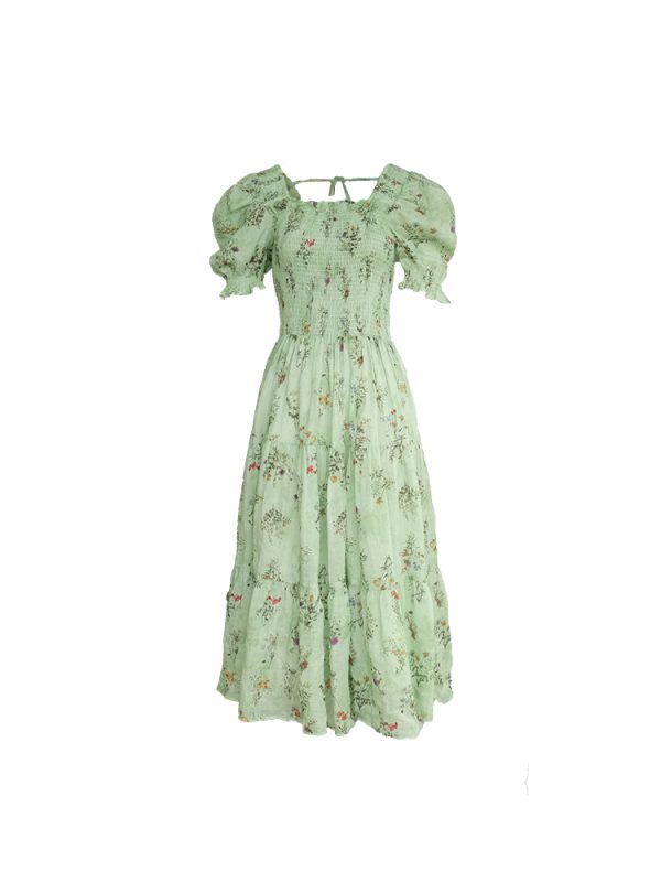 Green Grapefruit Lemon Tea Floral Linen Dress for Women - Vintage Summer Puff Sleeve Long Dress