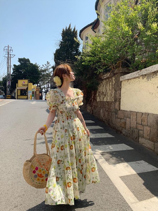 Green Grapefruit Lemon Tea Floral Linen Dress for Women - Vintage Summer Puff Sleeve Long Dress