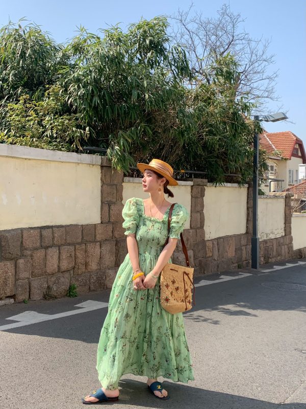 Green Grapefruit Lemon Tea Floral Linen Dress for Women - Vintage Summer Puff Sleeve Long Dress