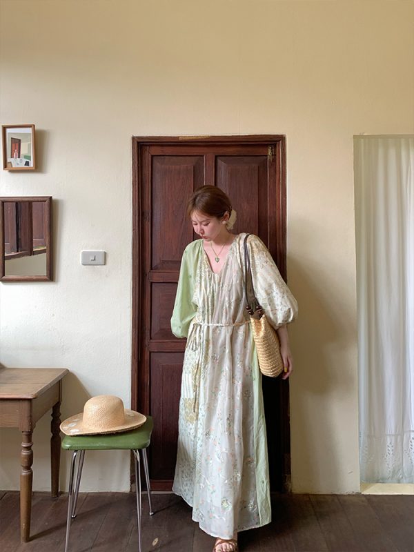 Green Island Long Summer Floral Dress - Women's Loose Embroidered Mesh Spliced Puff Sleeve Maxi Dress, Vintage Style