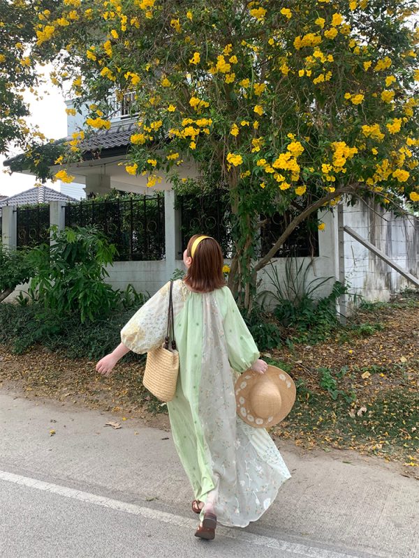 Green Island Long Summer Floral Dress - Women's Loose Embroidered Mesh Spliced Puff Sleeve Maxi Dress, Vintage Style