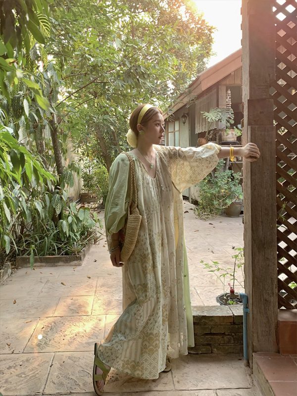 Green Island Long Summer Floral Dress - Women's Loose Embroidered Mesh Spliced Puff Sleeve Maxi Dress, Vintage Style