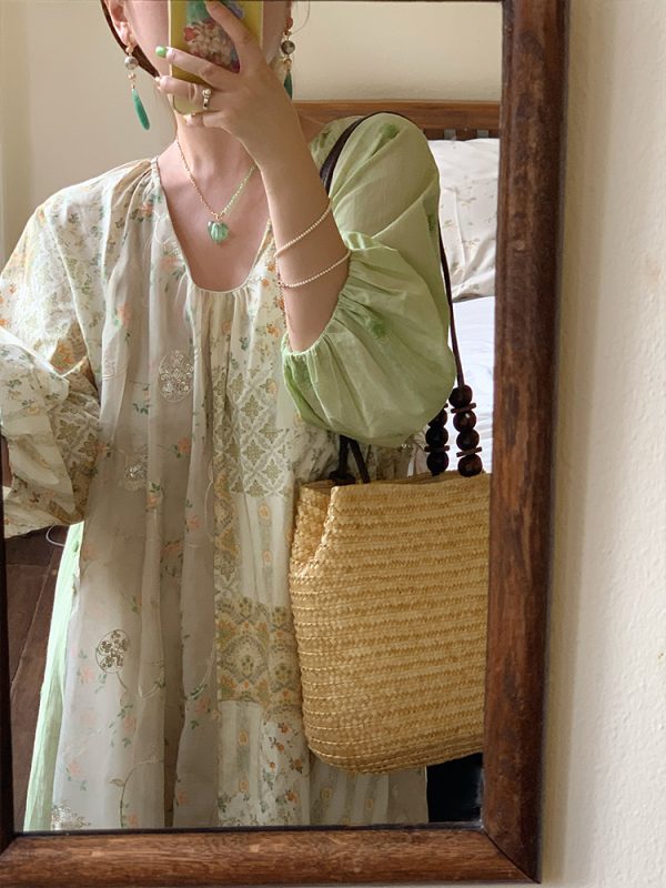 Green Island Long Summer Floral Dress - Women's Loose Embroidered Mesh Spliced Puff Sleeve Maxi Dress, Vintage Style