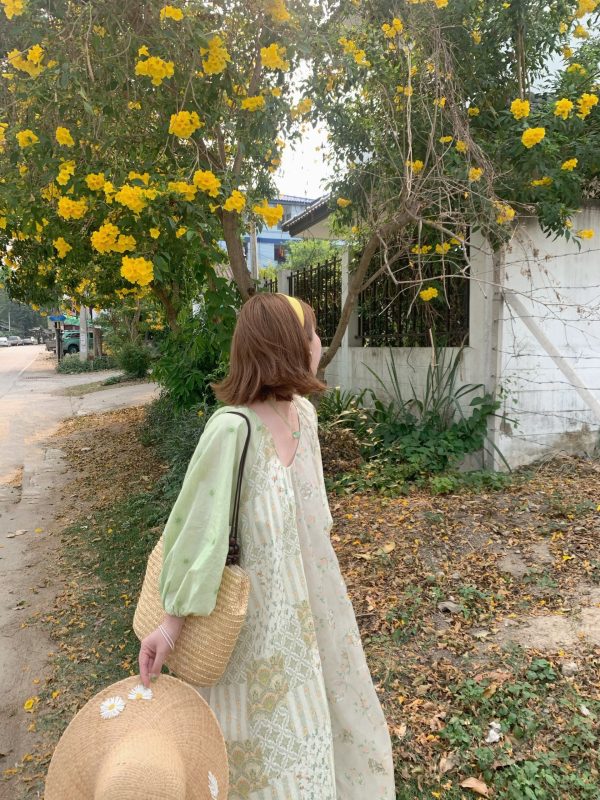 Green Island Long Summer Floral Dress - Women's Loose Embroidered Mesh Spliced Puff Sleeve Maxi Dress, Vintage Style