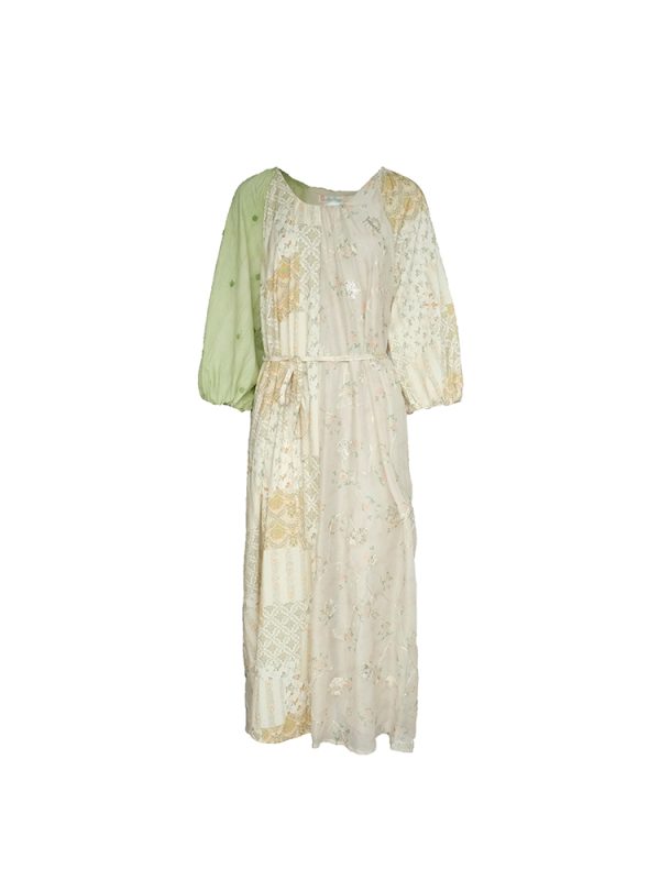 Green Island Long Summer Floral Dress - Women's Loose Embroidered Mesh Spliced Puff Sleeve Maxi Dress, Vintage Style