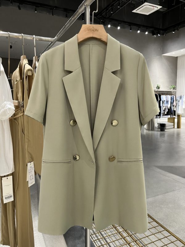 Green Lightweight British-Style Short Sleeve Blazer for Women, Vintage Charm with Metal Buttons, 2025 Summer Fashion