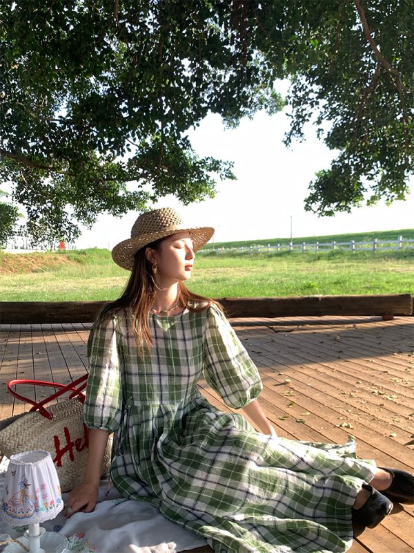 Green Plaid Linen Short Sleeve Dress for Women - Summer Loose Puff Sleeve Vintage Style Dress - Perfect for Casual Outings