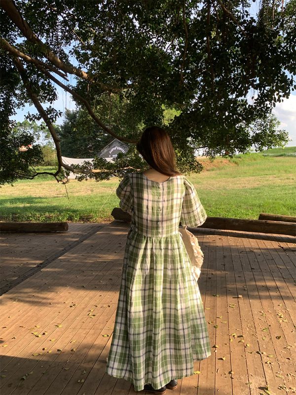 Green Plaid Linen Short Sleeve Dress for Women - Summer Loose Puff Sleeve Vintage Style Dress - Perfect for Casual Outings