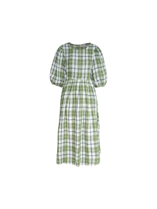 Green Plaid Linen Short Sleeve Dress for Women - Summer Loose Puff Sleeve Vintage Style Dress - Perfect for Casual Outings