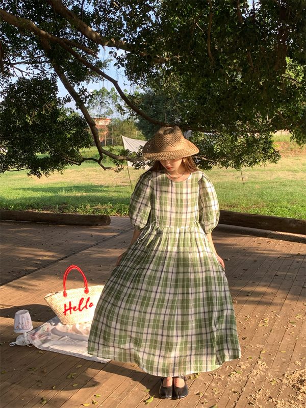 Green Plaid Linen Short Sleeve Dress for Women - Summer Loose Puff Sleeve Vintage Style Dress - Perfect for Casual Outings