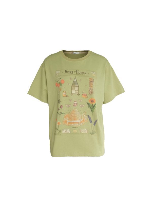 Green Retro Printed Short Sleeve T-Shirt for Women - Vintage Style Loose Drop Shoulder Top for Summer, 90s Inspired