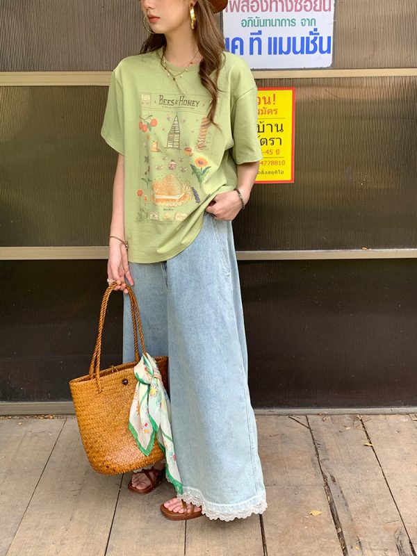 Green Retro Printed Short Sleeve T-Shirt for Women - Vintage Style Loose Drop Shoulder Top for Summer, 90s Inspired
