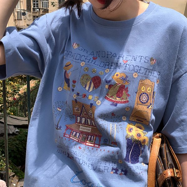 Green Short Sleeve Vintage T-Shirt for Women with Japanese Retro Girl Print, Loose Fit Pure Cotton Summer Top