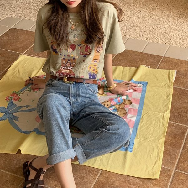 Green Short Sleeve Vintage T-Shirt for Women with Japanese Retro Girl Print, Loose Fit Pure Cotton Summer Top
