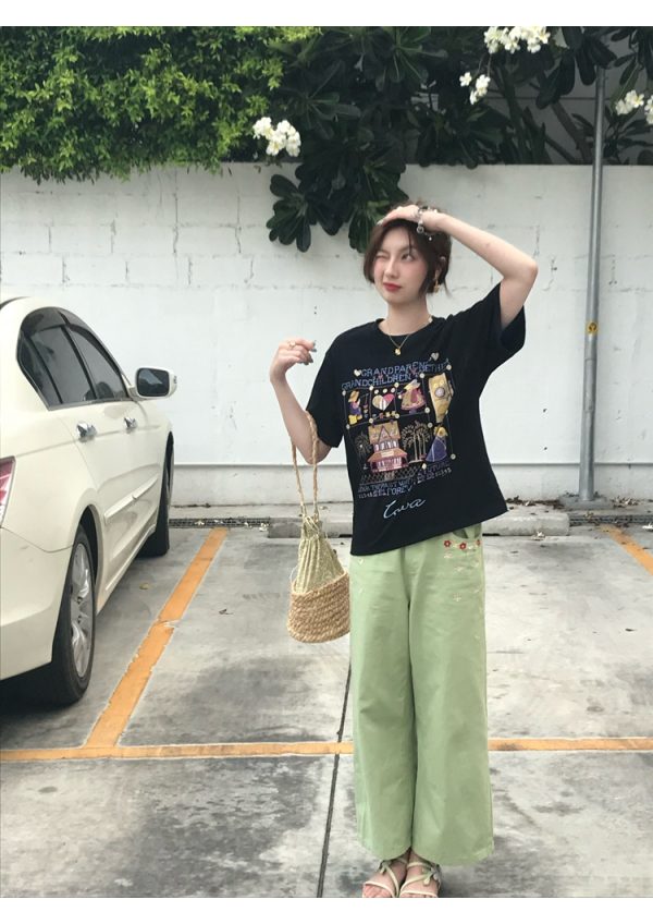 Green Short Sleeve Vintage T-Shirt for Women with Japanese Retro Girl Print, Loose Fit Pure Cotton Summer Top