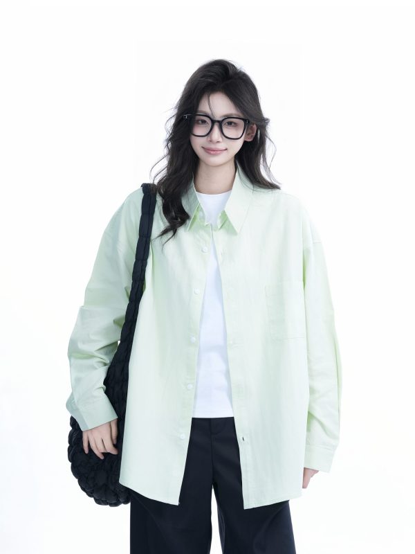 Green Solid Color Long Sleeve Shirt for Women - Sit and Eat Until the Mountains Are Empty Mambo Wind - Spring Loose Fit Fashion Trend