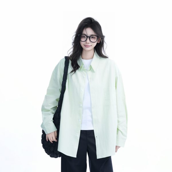 Green Solid Color Long Sleeve Shirt for Women - Sit and Eat Until the Mountains Are Empty Mambo Wind - Spring Loose Fit Fashion Trend