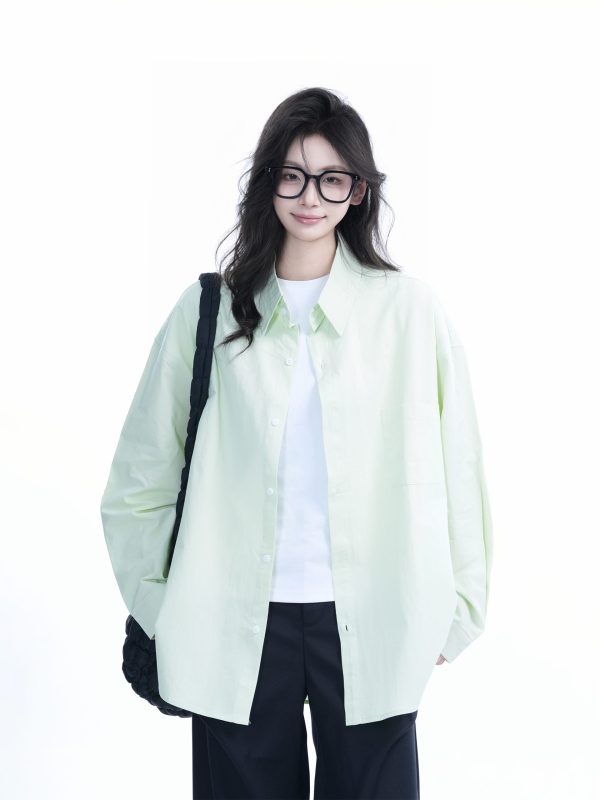 Green Solid Color Long Sleeve Shirt for Women - Sit and Eat Until the Mountains Are Empty Mambo Wind - Spring Loose Fit Fashion Trend