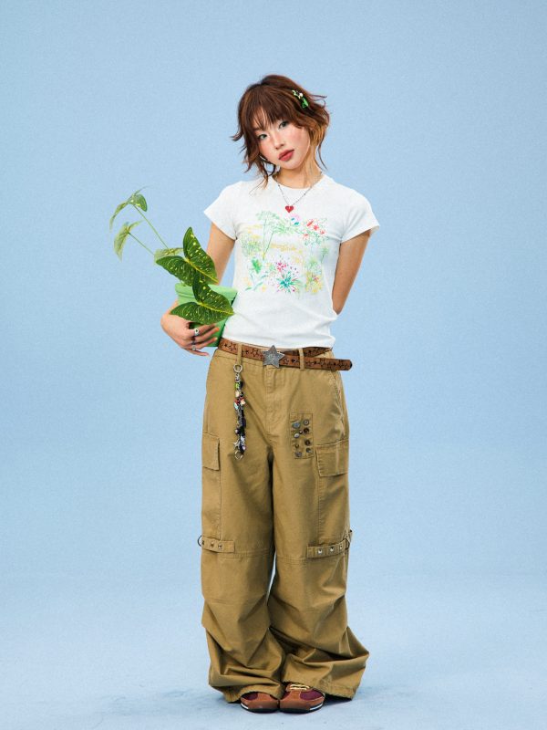 Hand-Painted Floral Print Short-Sleeve T-Shirt for Women - Summer Slim-Fit Cropped Top, American Style, Y2K Aesthetic