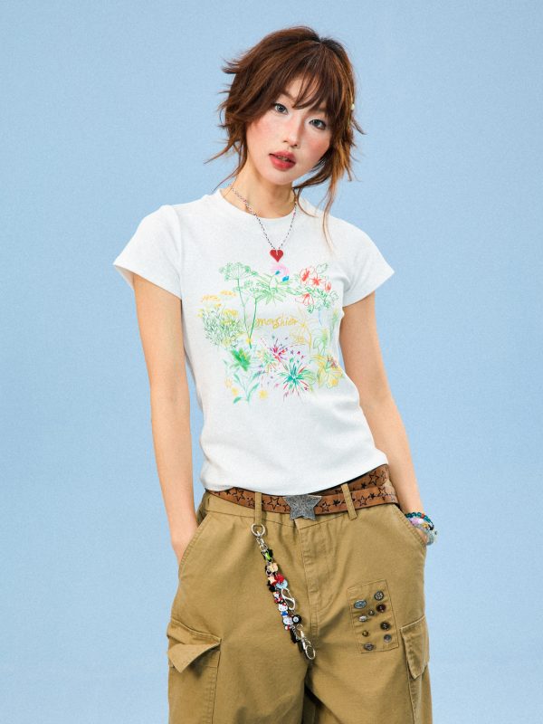 Hand-Painted Floral Print Short-Sleeve T-Shirt for Women - Summer Slim-Fit Cropped Top, American Style, Y2K Aesthetic