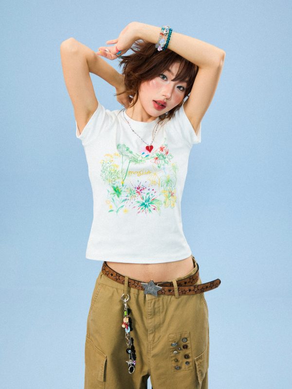 Hand-Painted Floral Print Short-Sleeve T-Shirt for Women - Summer Slim-Fit Cropped Top, American Style, Y2K Aesthetic