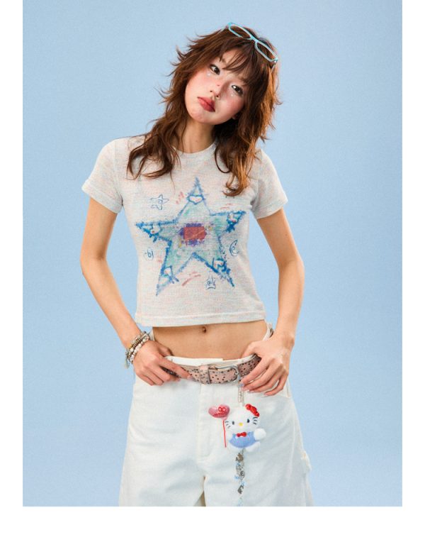 Hand-Painted Graffiti Short Sleeve T-Shirt for Women - Summer Slim Fit Cropped Top, Sweet and Spicy Style
