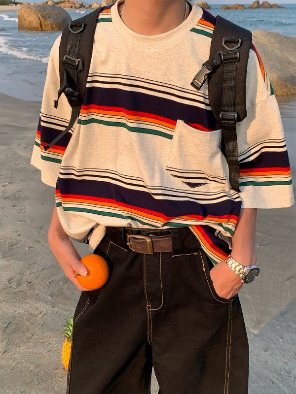 Handmade American Vintage Striped Short Sleeve T-Shirt for Men and Women, Casual Loose Round Neck Top, Summer Essential