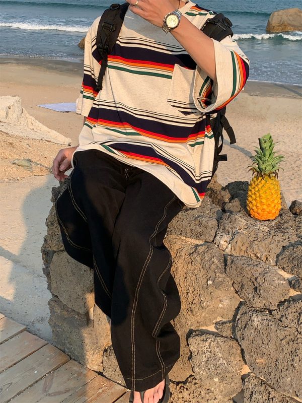 Handmade American Vintage Striped Short Sleeve T-Shirt for Men and Women, Casual Loose Round Neck Top, Summer Essential