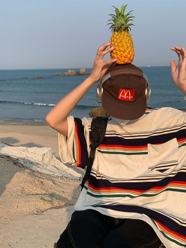 Handmade American Vintage Striped Short Sleeve T-Shirt for Men and Women, Casual Loose Round Neck Top, Summer Essential