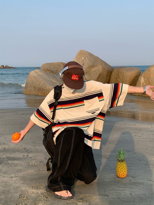 Handmade American Vintage Striped Short Sleeve T-Shirt for Men and Women, Casual Loose Round Neck Top, Summer Essential