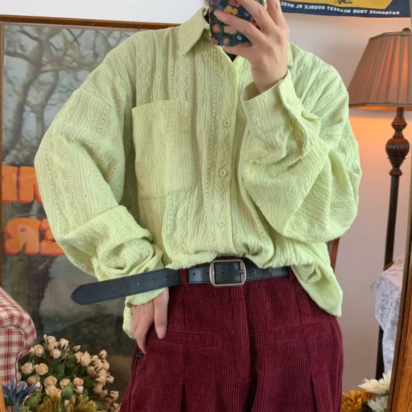 Handmade French Vintage Hollowed Long Sleeve Shirt - Autumn Lazy Style Loose Trendy Top for a Chic 90s-Inspired Look
