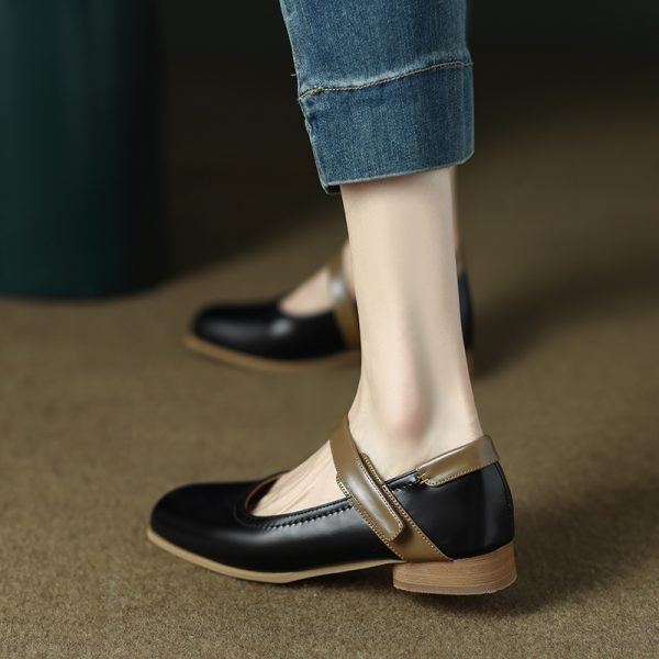 Handmade Genuine Leather Color-Blocked Mary Jane Shoes for Women, Retro Low-Heeled Flats for Spring and Autumn 2025