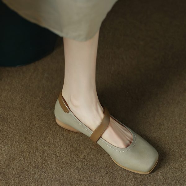 Handmade Genuine Leather Color-Blocked Mary Jane Shoes for Women, Retro Low-Heeled Flats for Spring and Autumn 2025
