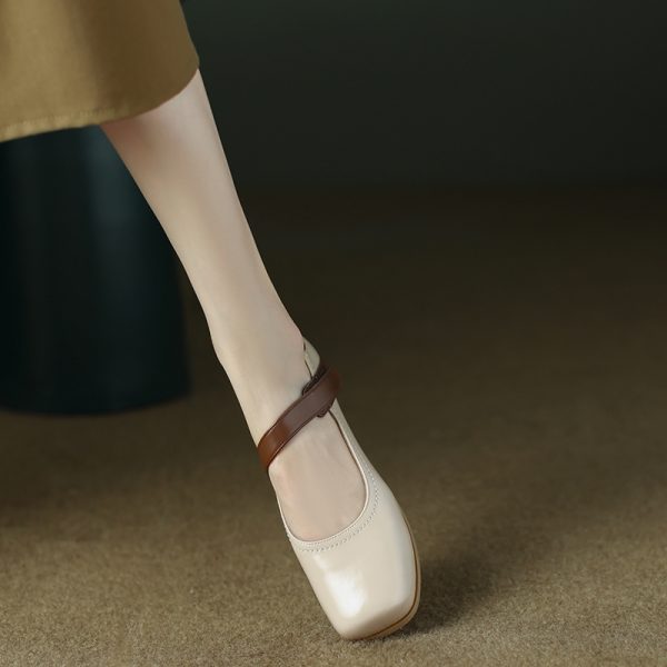 Handmade Genuine Leather Color-Blocked Mary Jane Shoes for Women, Retro Low-Heeled Flats for Spring and Autumn 2025