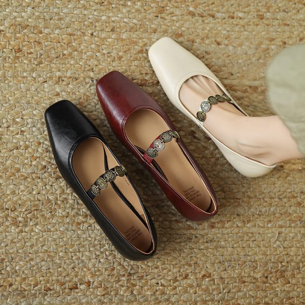 Handmade Genuine Leather One-Strap Mary Jane Flat Shoes for Women - Retro Chinese Style, Artistic Design, Vintage Charm