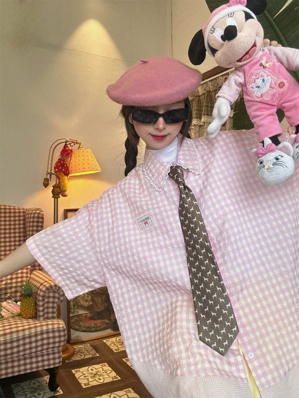 Handmade Japanese Retro Plaid Short Sleeve Shirt with Lace Trim for Women - Summer Loose Puff Sleeve Top