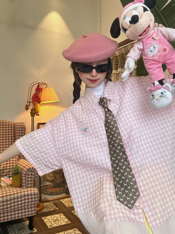 Handmade Japanese Retro Plaid Short Sleeve Shirt with Lace Trim for Women - Summer Loose Puff Sleeve Top