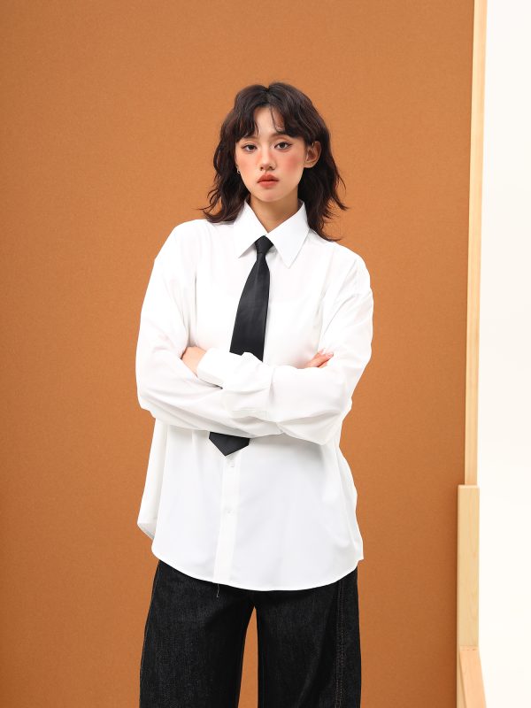 Handmade White Silk Loose Draped Shirt for Unisex - Wrinkle-Resistant, Versatile Design with Tie - Perfect for Y2K and Casual Chic Looks