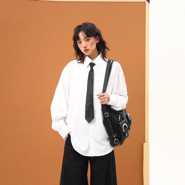 Handmade White Silk Loose Draped Shirt for Unisex - Wrinkle-Resistant, Versatile Design with Tie - Perfect for Y2K and Casual Chic Looks