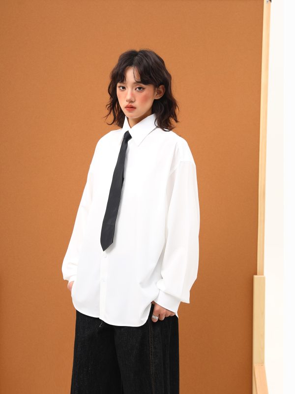 Handmade White Silk Loose Draped Shirt for Unisex - Wrinkle-Resistant, Versatile Design with Tie - Perfect for Y2K and Casual Chic Looks