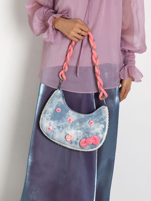 Handmade Woven Chain Crossbody Bag for Women - Cute Cat Cowboy Design, 2025 New Pink Underarm Bag, Stylish Y2K Fashion