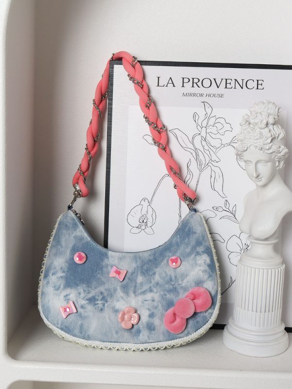 Handmade Woven Chain Crossbody Bag for Women - Cute Cat Cowboy Design, 2025 New Pink Underarm Bag, Stylish Y2K Fashion