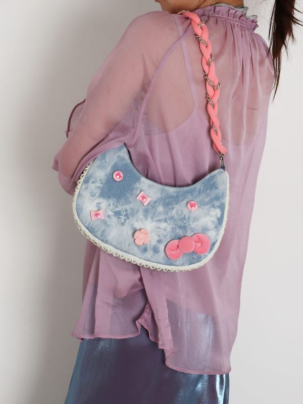 Handmade Woven Chain Crossbody Bag for Women - Cute Cat Cowboy Design, 2025 New Pink Underarm Bag, Stylish Y2K Fashion
