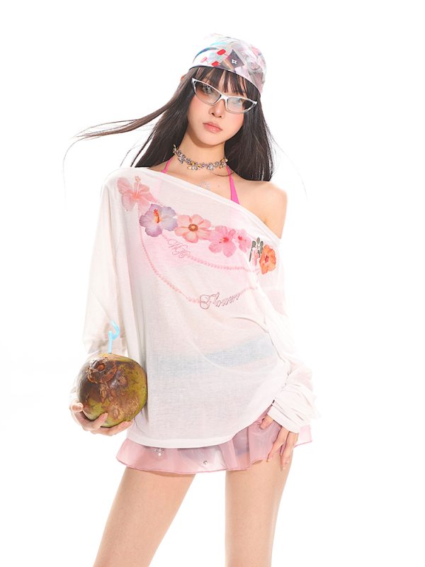Hawaiian Floral Loose Sun Protection Cover-Up for Women - Sheer Long Sleeve Top for Summer Vacation Style