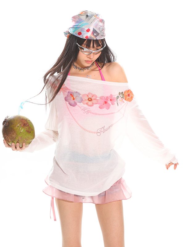 Hawaiian Floral Loose Sun Protection Cover-Up for Women - Sheer Long Sleeve Top for Summer Vacation Style